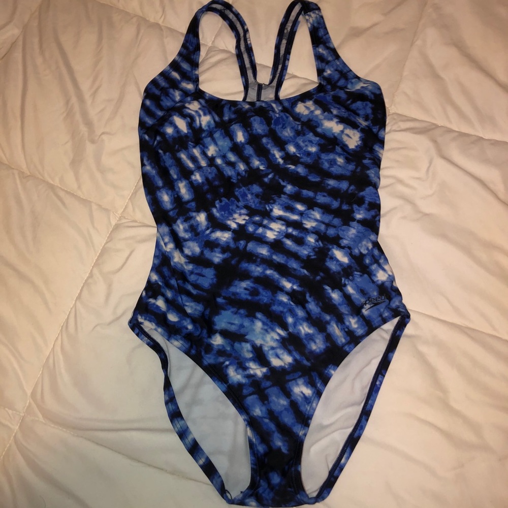Blue and white one piece swim suit